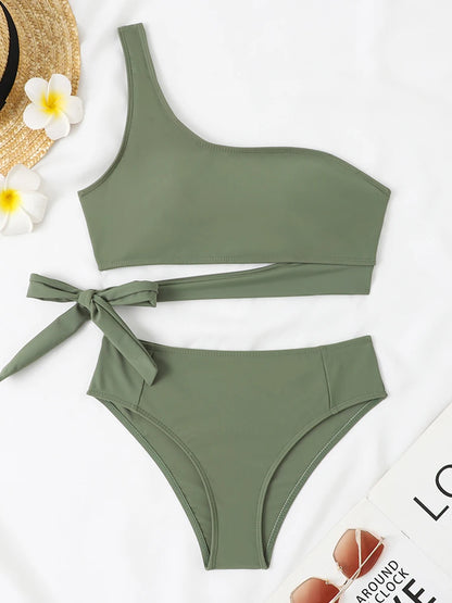 One Shoulder Bikini Set Swimsuit Women Solid Padded Swimwear Female Bathers Bathing Swimming Swim Suit Beachwear