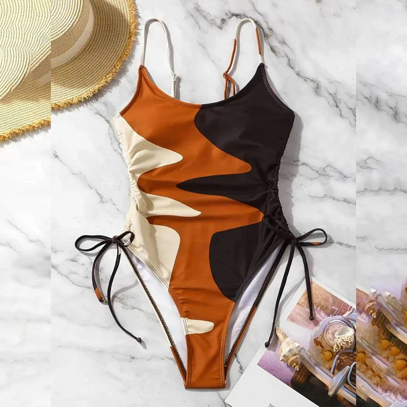 Block Color One Piece Swimsuit Drawstring Halter Swimwear Women High Waist Bathing Suit Backless Monokini