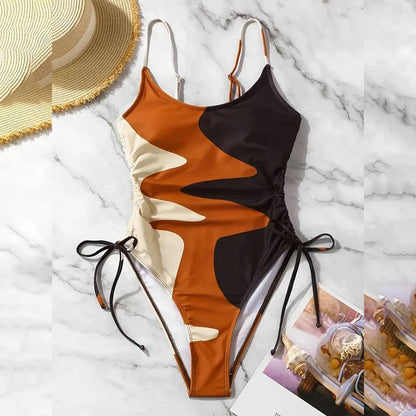 Block Color One Piece Swimsuit Drawstring Halter Swimwear Women High Waist Bathing Suit Backless Monokini