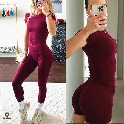 2PCS D-impact Women Short Sleeve Yoga Set High Waist Scrunch Workout Pant T-Shirt Fitness Gym Sculpting Legging Activewear