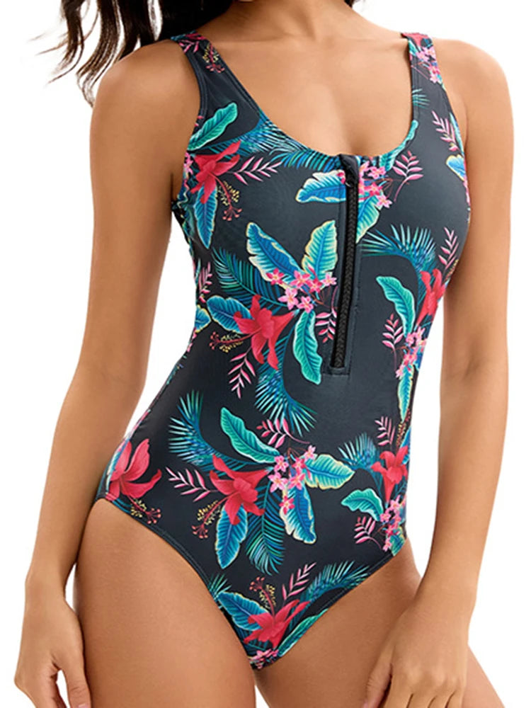 One Piece Swimsuit Women Print O Neck Half Zipper Bodysuit Backless Sleeveless Fashion Beachwear