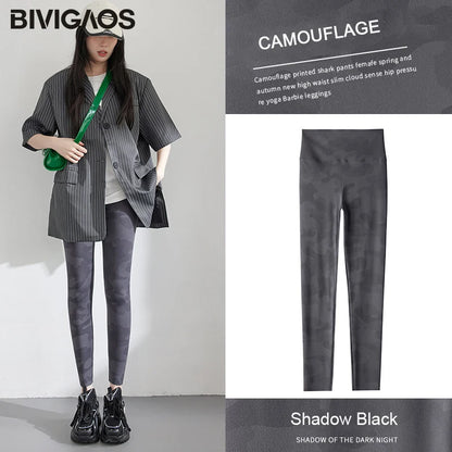Spring Summer High Waist Colours Camouflage Shark Leggings Women Slim Sport Leisure Leggings Yoga Fitness Leggings
