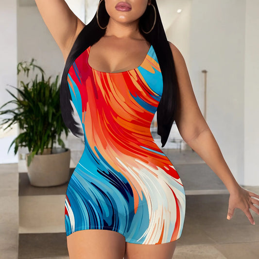 Abstract Print Romper for Women Summer Casual Sleeveless Bodycon Playsuit Jumpsuit