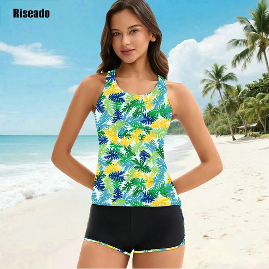 Women's Tankini Swimsuits Tummy Control Ruched Two Piece Bathing Suit Round Neck Sleeveless Swimwear with Shorts