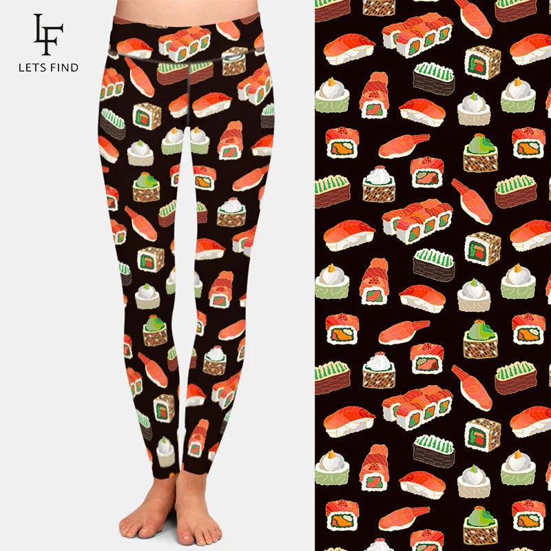 Design 3D Sushi Print Women High Waist Leggings Elastic Workout Fitness Slim Black Leggings
