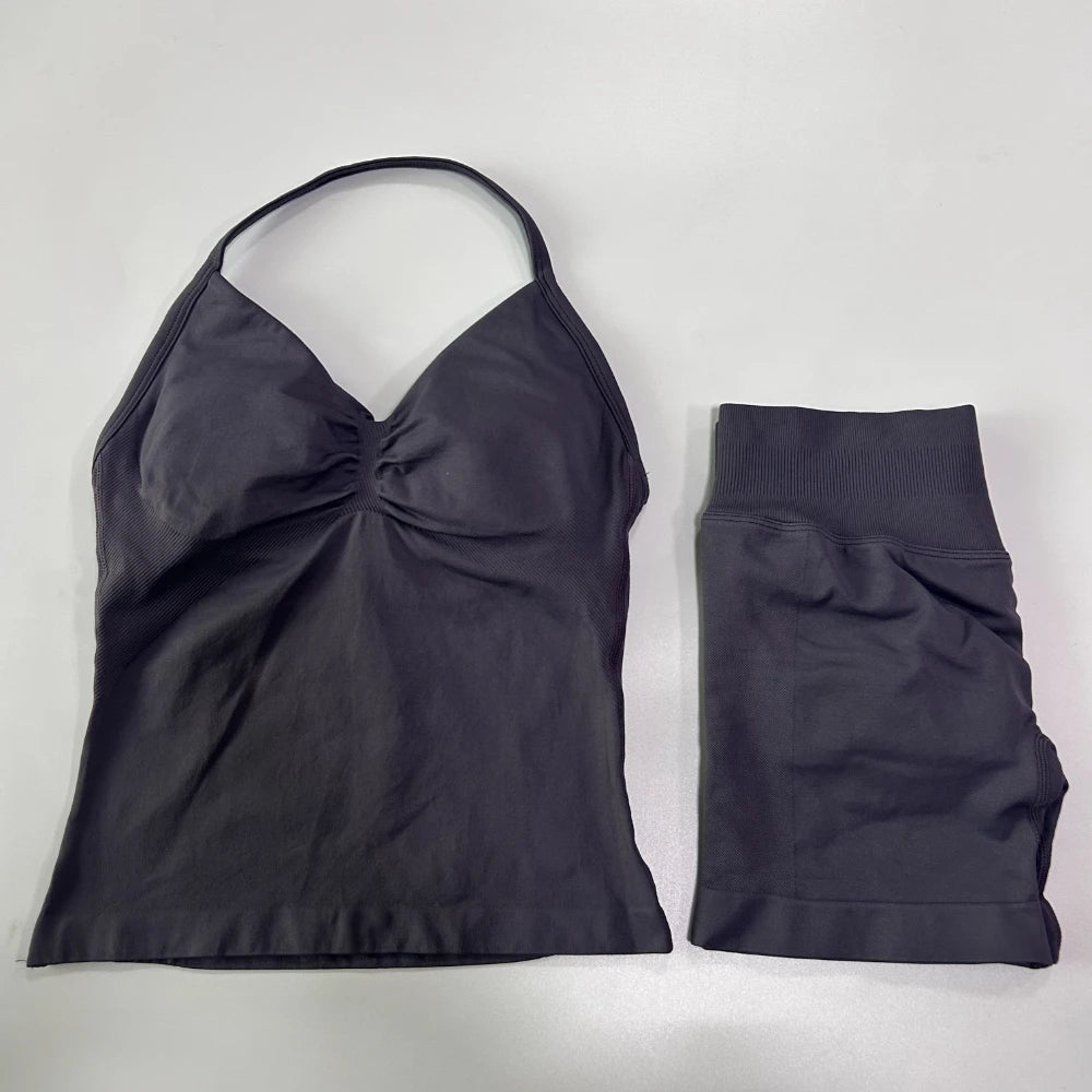 2Pcs Gym Set Women Backless Tank Tops High Waist Scrunch Seamless Shorts Gym Suit Fitness Clothes Activewear Workout Set
