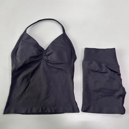 2Pcs Gym Set Women Backless Tank Tops High Waist Scrunch Seamless Shorts Gym Suit Fitness Clothes Activewear Workout Set