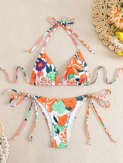 Tie Dye Gradient Mini Bikini Women Halter Push Up Bra Tie Side Thong Swimsuit Beach Pool Holiday Bathing Suit Swimwear