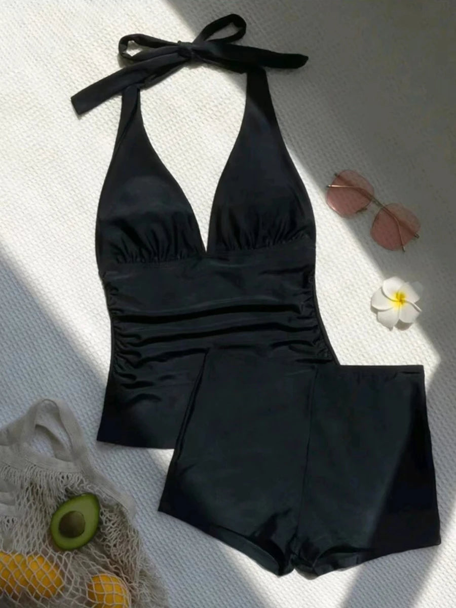 Halter Tankini Solid Swimsuit Women High Waist Swimwear Female Padded Bathing Swim Suit Swimming Beachwear Summer