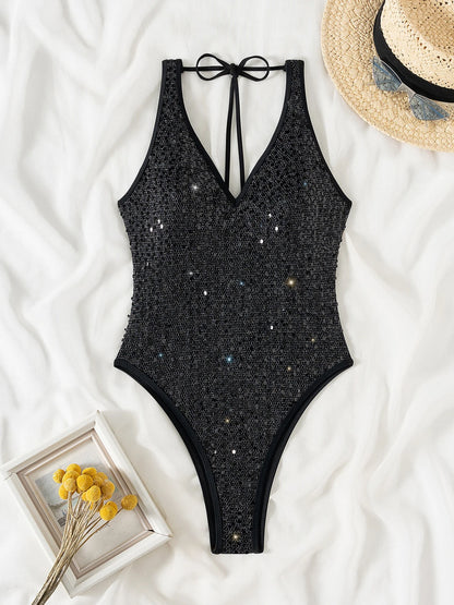 Sequins One Piece Swimsuit For Women Push Up Swimwear Female Bodysuit Monokini Solid Bathing Suit Beachwear Swim