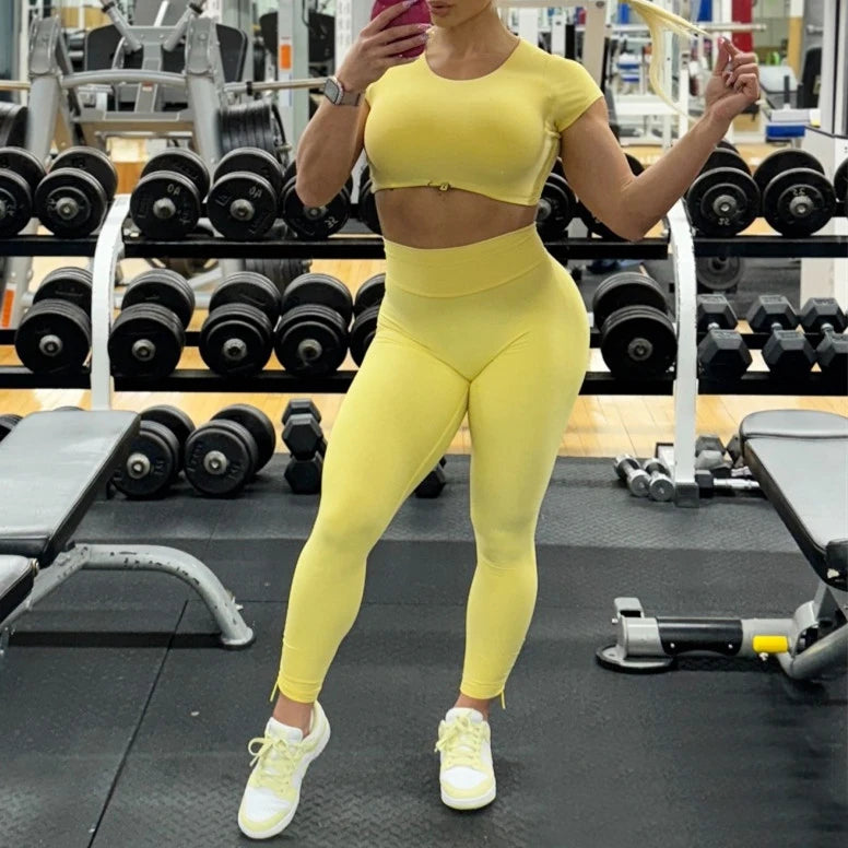 2PCS Pad Yoga Set Women Sportswear Workout Clothes Athletic Wear Gym Legging Fitness Bra Crop Top Short Sleeves Sports Suit