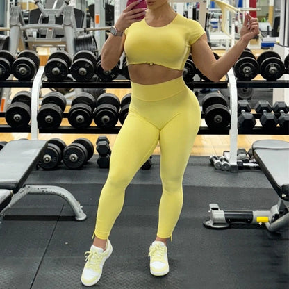 2PCS Pad Yoga Set Women Sportswear Workout Clothes Athletic Wear Gym Legging Fitness Bra Crop Top Short Sleeves Sports Suit