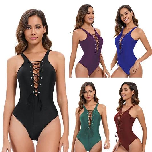 Solid Color V-Neck Hollow Out One-Piece Swimsuit for Women Trendy Backless Swimsuit for Summer Vacation Beach Wear Bathers
