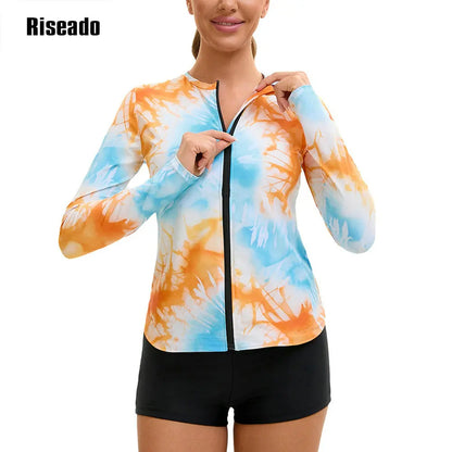 Women's Long Sleeve 2 Piece Body Cover Rash Guard Swimwear Zip Front UPF50+ Surfing Wetsuit Two Piece Tankini Set