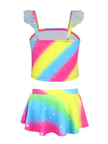 Bikini Girls Kids Swimsuit Rainbow Strips Ruffle Sling Children Swimwear Summing Bikinis Short Skirt Beach Bathing Suit