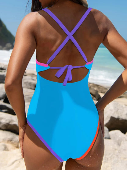 Solid Strappy Backless One Piece Cross Back Swimsuit Women Slim Swimwear Female Bathers Bathing Swimming Suit Beachwear