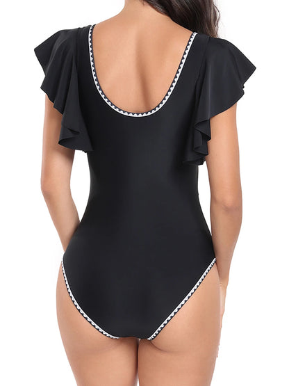One Piece Ruffle Bodysuit Women Solid Deep V-Neck Swimwear Female Padded Swimsuit Bathing Swimming Summer Beachwear
