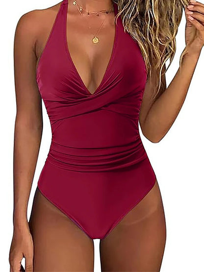 Halter Swimsuit Women One Piece Printed Cross Smocked Swimwear Female Bodysuit Bathing Swimming Suit Padded Beachwear