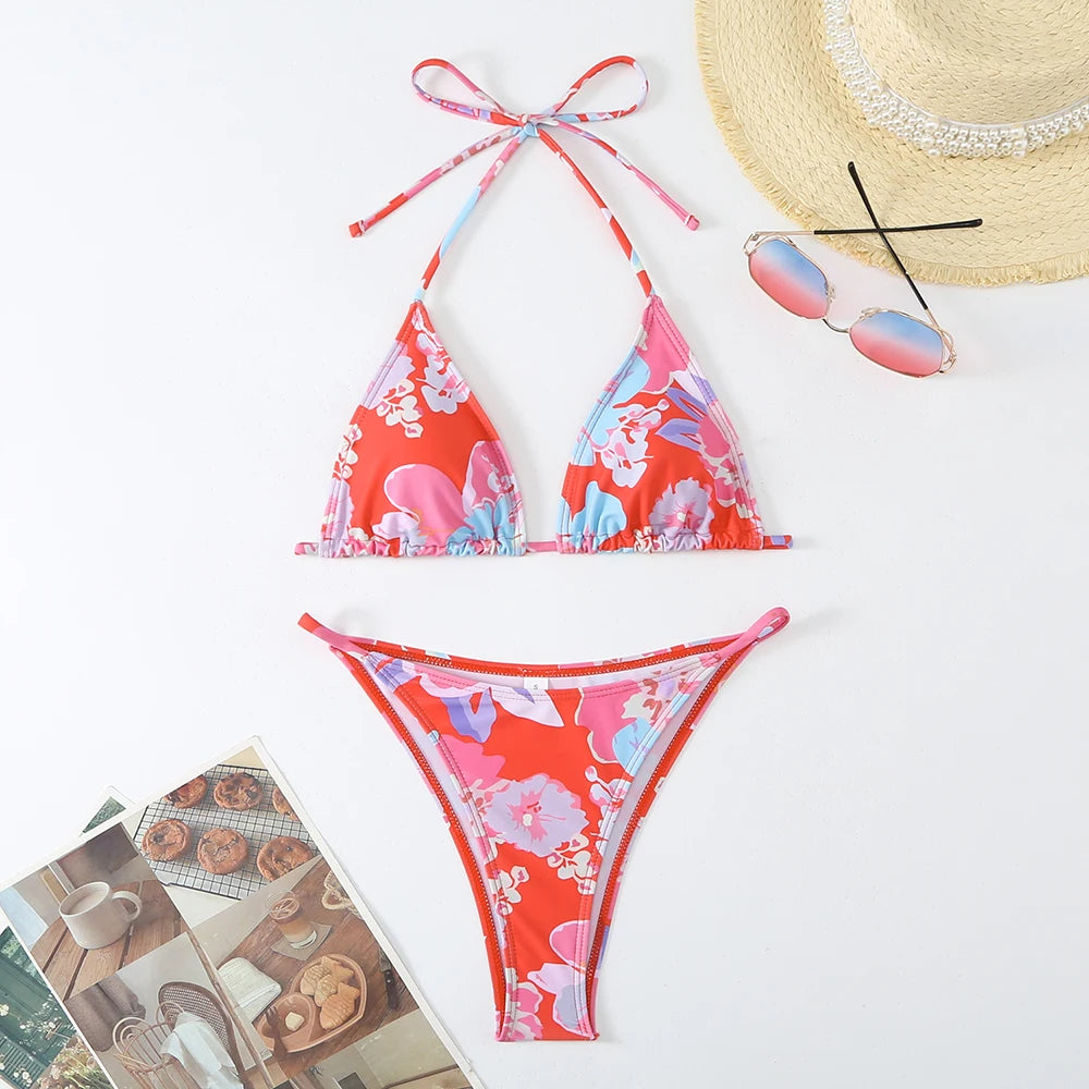 Halter Printed Bikini Women Thong Swimwear Female Triangle Swimsuit Bathers Bathing Swimming Swim Suit Beachwear Summer