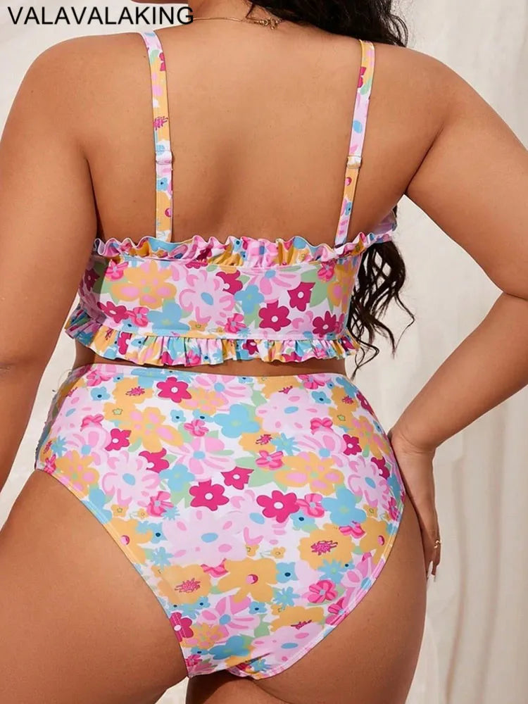Print 2 Piece Plus Size Bikini Women Verge Strapped Large Swimsuit High Waist Lady Swimwear Beach Curvy Bathing Suit