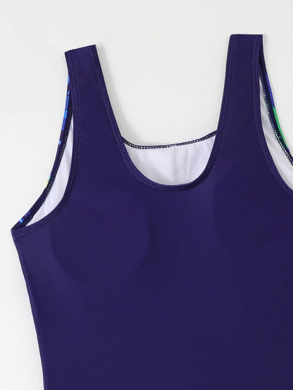 Women One-piece Sports Swimwear Sport Swimsuit Blue Print Athletic Boyleg Swimwear Open Back Beach Wear Fitness Bathing Suits