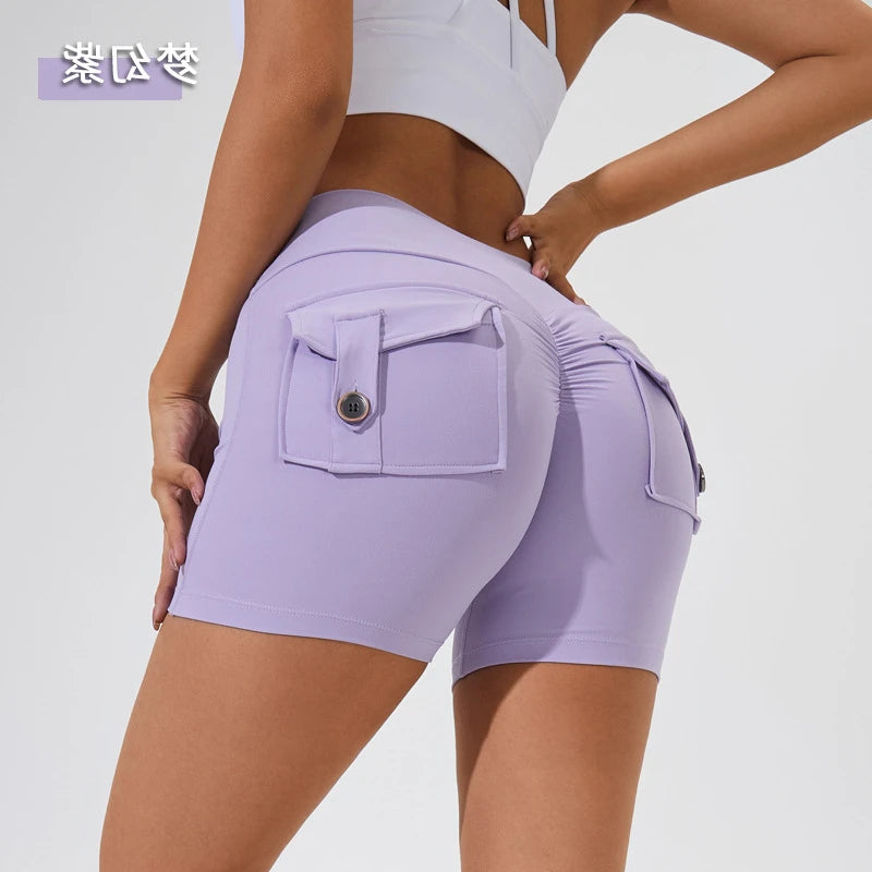 Scrunch Women Button Booty Pocket Sports Yoga Shorts Cycling Jogging Fitness High Waist Squat Proof Gym Active Leggings
