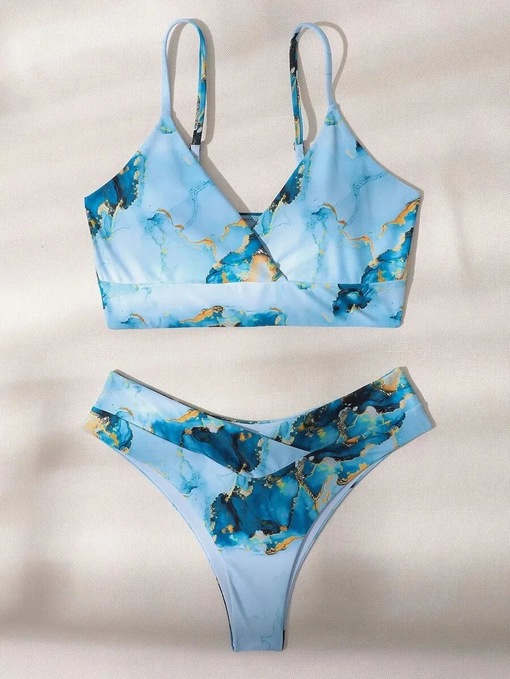 Sport Bikini Set Women Swimsuit Push Up High Waist Marble Blooming Print Swimwear Female Bathing Suit