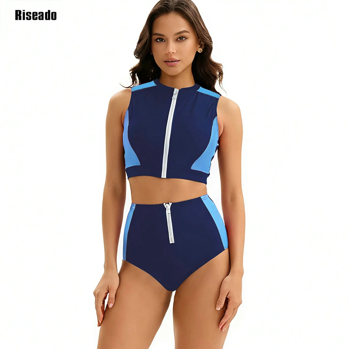 Female Two Pieces Crop Top Bikini Tankini Sets Color Block Zip Front Summer Push Up Swimsuit Bathing Suits High Waist Tankini
