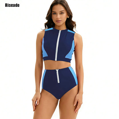 Female Two Pieces Crop Top Bikini Tankini Sets Color Block Zip Front Summer Push Up Swimsuit Bathing Suits High Waist Tankini