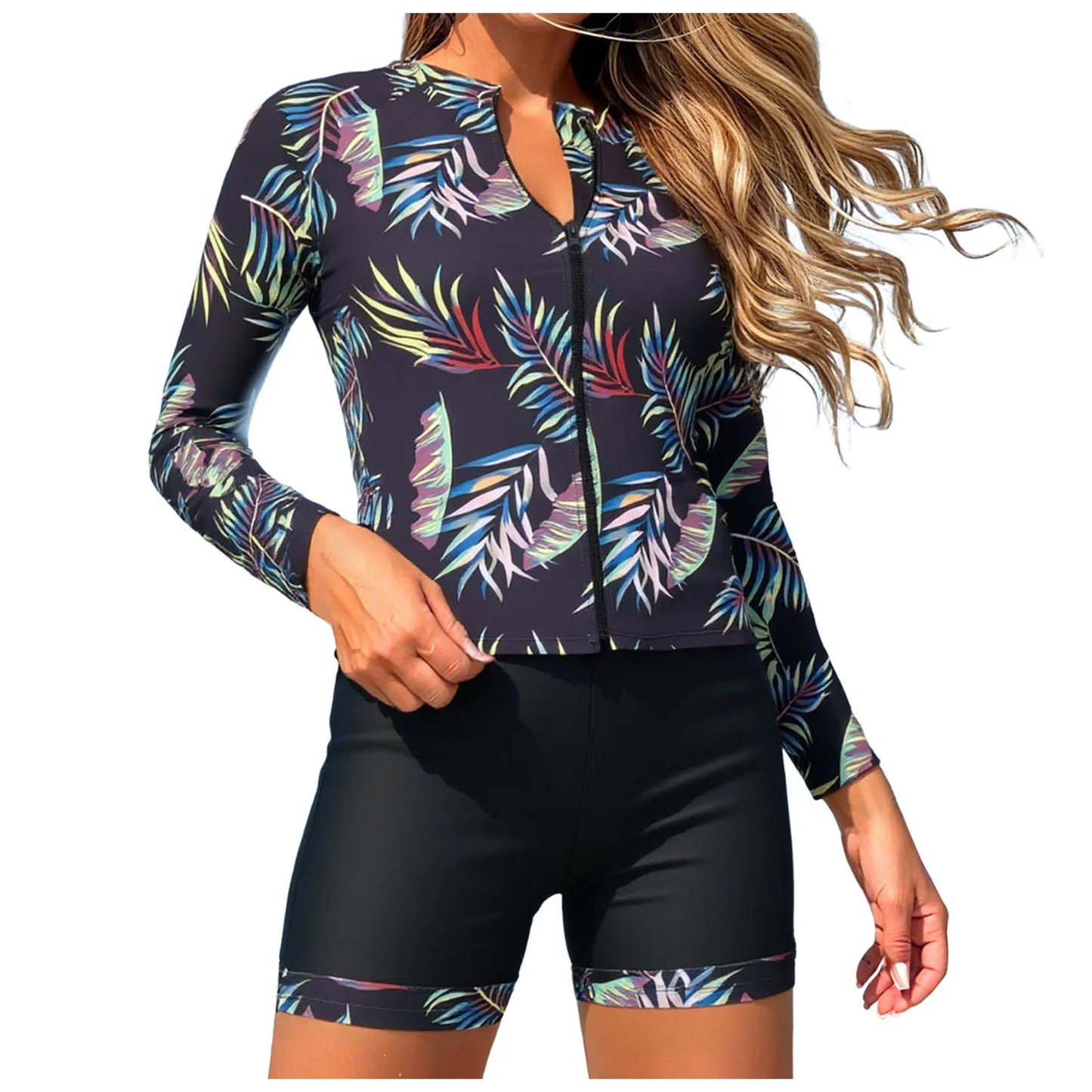 Women's Swimwear Rash Guard Long Sleeve Zipper Surfing Swimsuit Sports Surfing Tankini Set Beachwear Two-Piece Bathing Suits