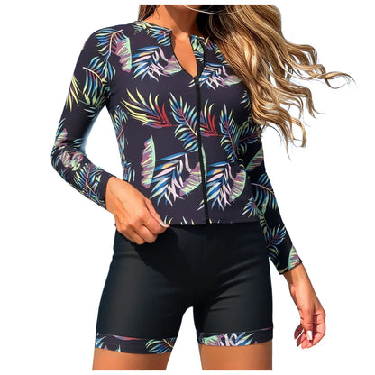 Women's Swimwear Rash Guard Long Sleeve Zipper Surfing Swimsuit Sports Surfing Tankini Set Beachwear Two-Piece Bathing Suits