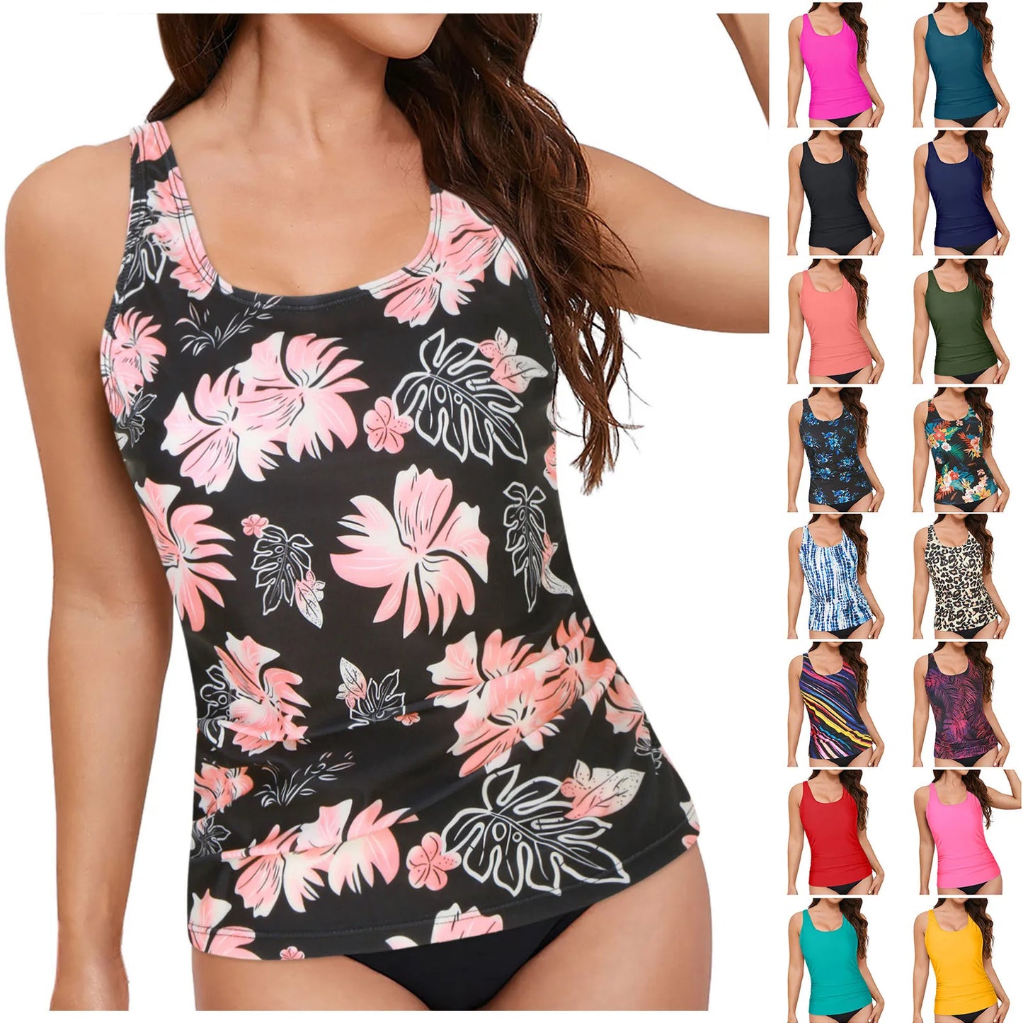 Women Vintage Tankini Swimwear Crew Neck Cover Tummy Underwire Full Coverage Push Up Bikini Top and Shorts for Holiday
