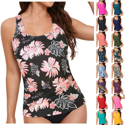 Women Vintage Tankini Swimwear Crew Neck Cover Tummy Underwire Full Coverage Push Up Bikini Top and Shorts for Holiday
