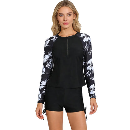 Womens Swimwear Athletic Swim Sets Print Long Sleeve Half Zipper Wireless Chest Pads Top with Side Drawstring Shorts Swimsuit