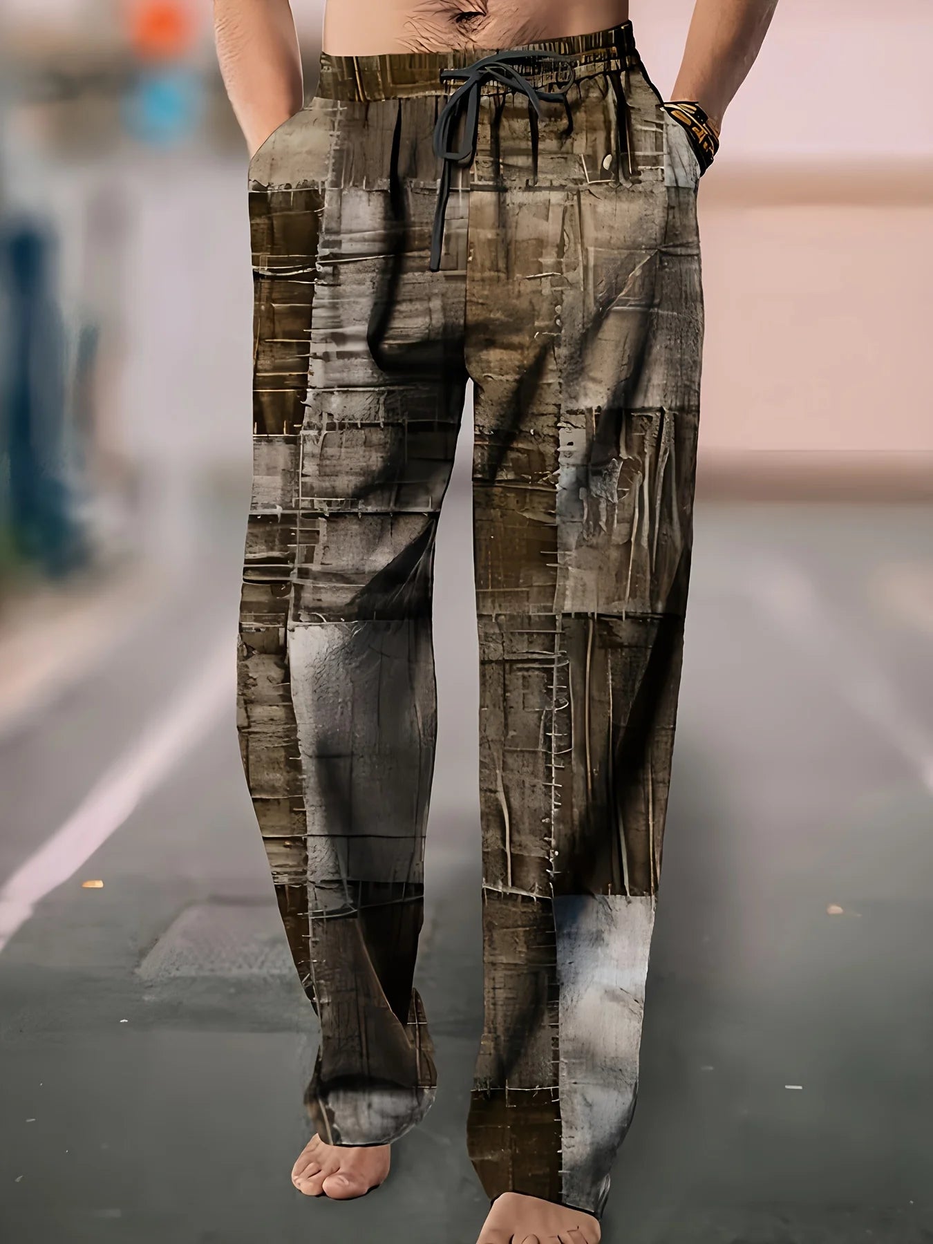 Summer Men's Cotton Linen Casual Pants Retro Ethnic Printing Mid Waist Drawstring Closure Large Size Wide Leg Beach Pants