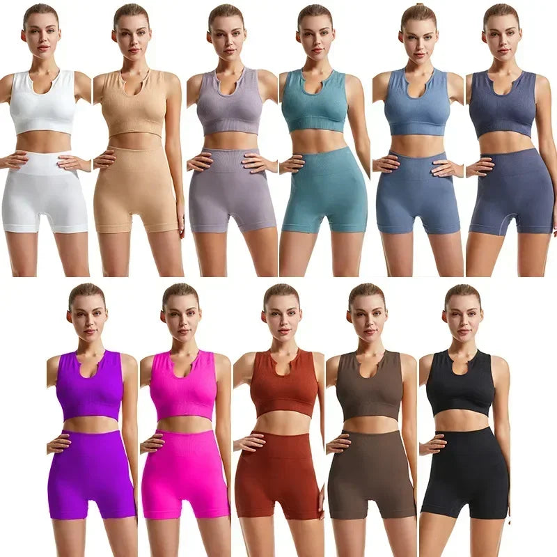 Sports Bra and Shorts Set Women Deep U-neck Push Up Gym Jogging Yoga Fitness Shockproof Vest Crop Tops Female Sport Bras Set for Women