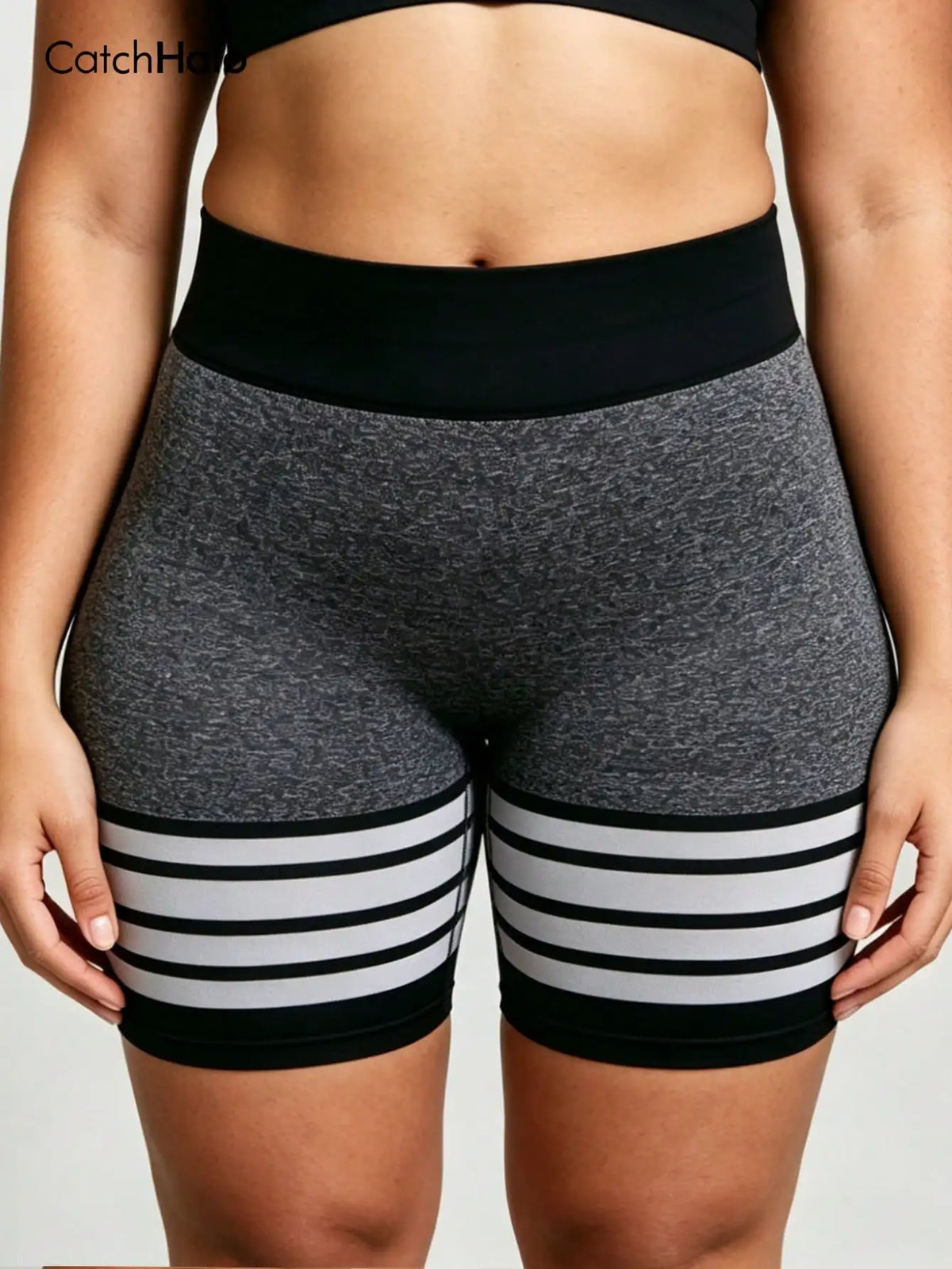 Plus Size Women Striped Gym Shorts, Seamless High Waist Tummy Control High Stretch Butt Lifting