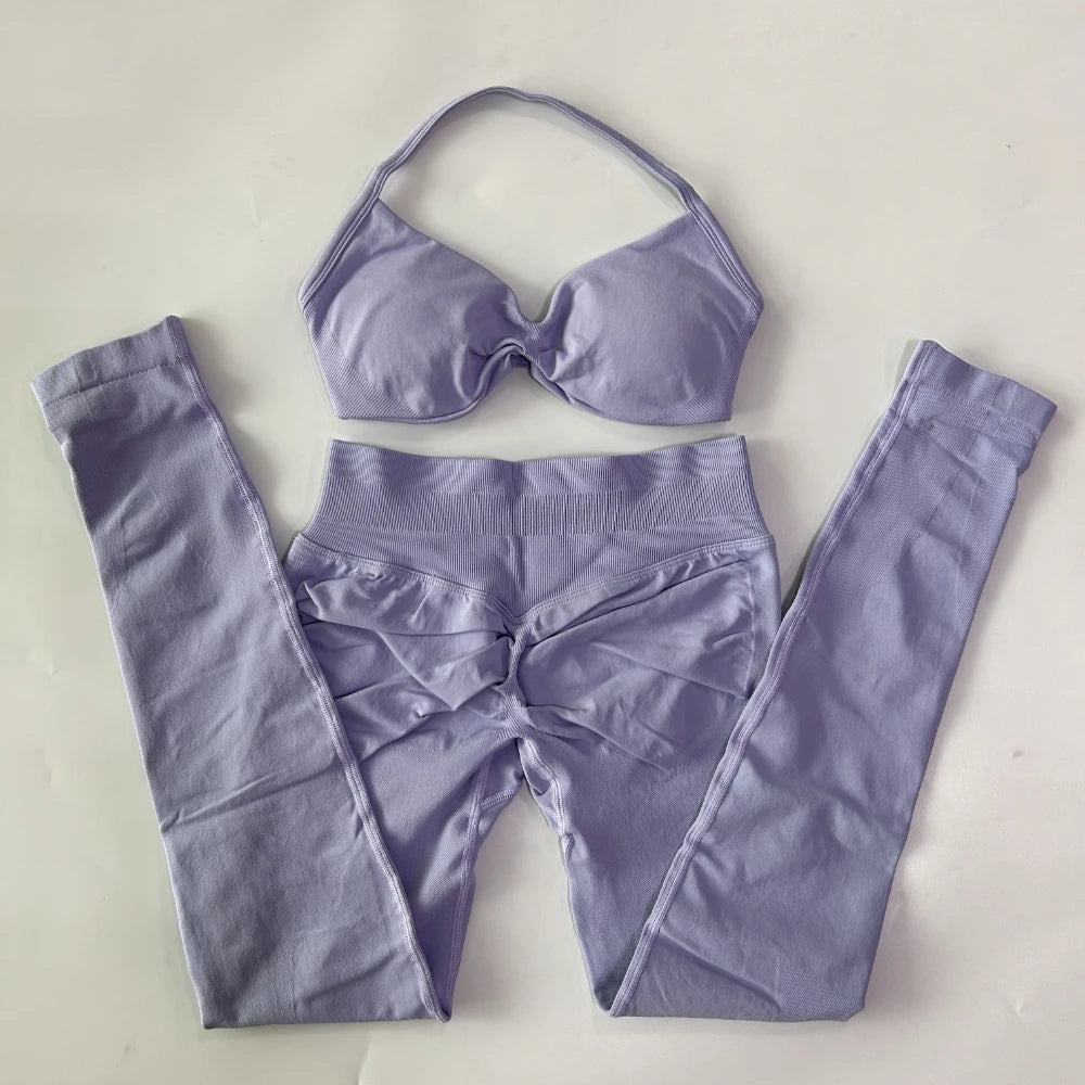 2 Pieces Set For Woman Strappy Yoga Bra Sports Top Workout Leggings Set Seamless Gym Set Fitness Clothes Outfit Activewear