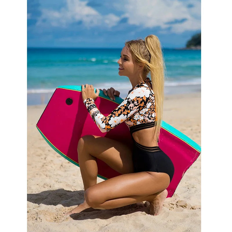 Surfing One Piece Swimsuit Cut Out Swimsuit Print Long Sleeve Swimwear Women Zipper Bathing Suit Summer Beachwear Monokini