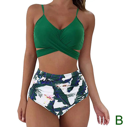 Bikini Two Piece Suit Cross Front Slim High Waisted Bottom Solid/Print Breathable Quick Drying Beachwear