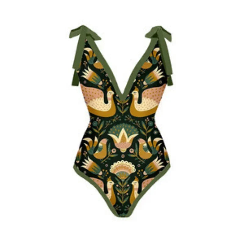 One Piece Swimsuit Swimwear Women Big Ruffle V-neck Print Beachwear Bathing Suit