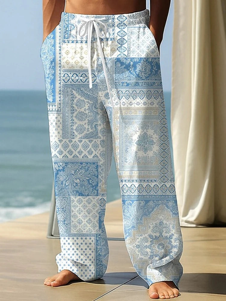 Summer Drawstring Loose-Fit Men's Wide-Leg Pants 3D Retro Patchwork Print Casual Trousers Everyday Wear Long Pants