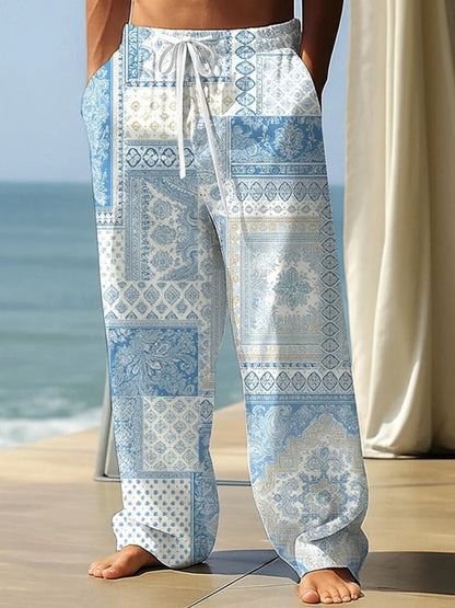 Summer Drawstring Loose-Fit Men's Wide-Leg Pants 3D Retro Patchwork Print Casual Trousers Everyday Wear Long Pants