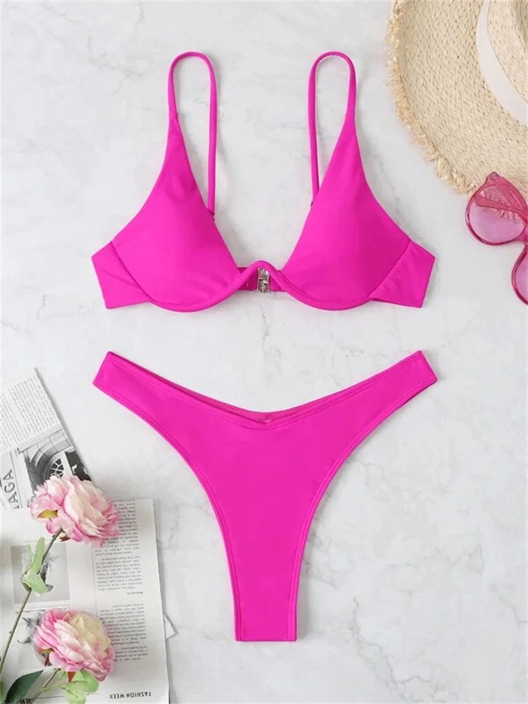 Bikini Women Solid Red Push Up Bra Thong Swimsuit Haler V Neck Bathing Suit Mini Micro Thong Swimwear