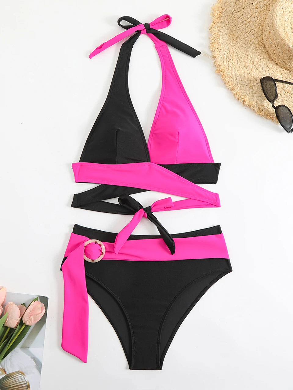 Halter Bikini  Criss Cross Solid Swimsuit High Waist Swimwear Female Bathers Bathing Swimming Suit Padded Beachwear