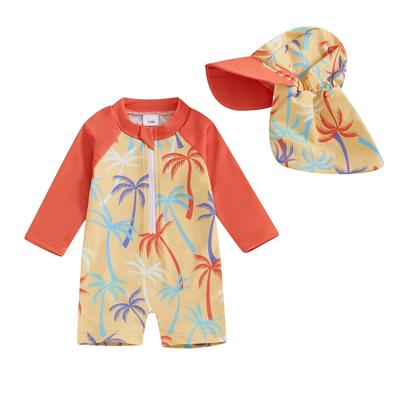 Toddler Boys Rash Guard Swimsuit Coconut Tree Print Long Sleeve Zip Bathing Suit with Swim Cap