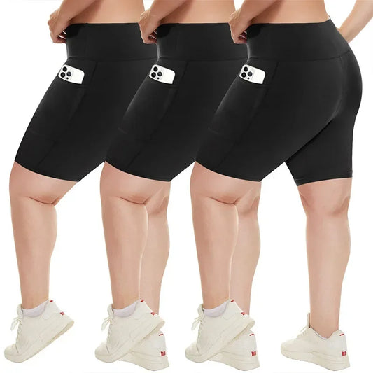 Women's High-Waisted Yoga Shorts Plus Size Workout Leggings with Dual Pockets Stretch European Style Activewear for Gym & Casual