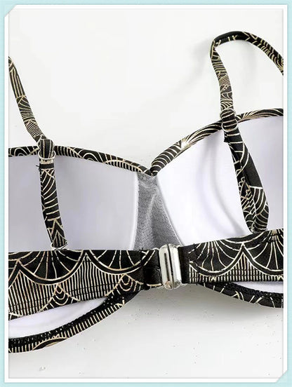Metallic Stitch Strap Bikini  Women Push Up Gold print Swimsuit Female High Waist Swimwear Bathers Bathing Suit Beachwear