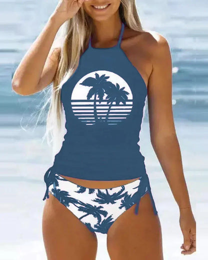 Coconut Tree Print Drawstring Ruched Halter Tankini Set Women 2pcs Clothes Suit Spring Summer Bikini Swimwear Bathing Clothing