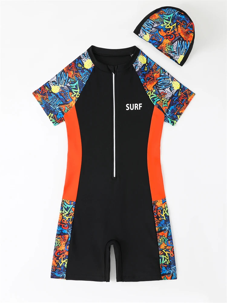 One Piece Boy Kids Swimsuit Solid Print Short Sleeves Children Swimwear Summer Zipper Beach Wear Bathing Suit Swimming